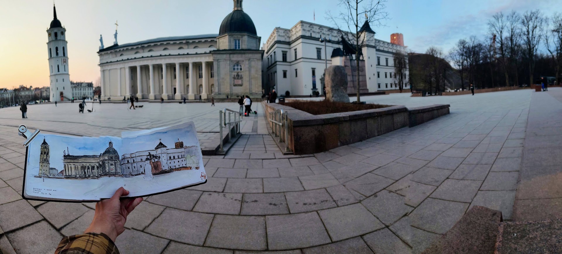 View of Vilnius cathedral, palace, and the Monument to Grand Duke Gediminas